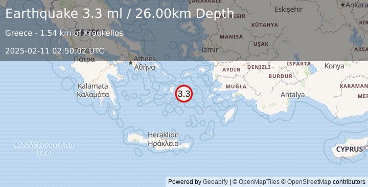 Earthquake DODECANESE ISLANDS, GREECE (3.3 ml) (2025-02-11 02:50:02 UTC)