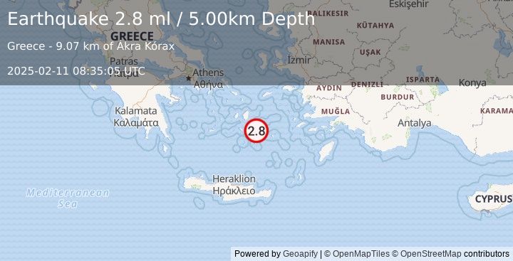 Earthquake DODECANESE ISLANDS, GREECE (2.8 ml) (2025-02-11 08:35:05 UTC)