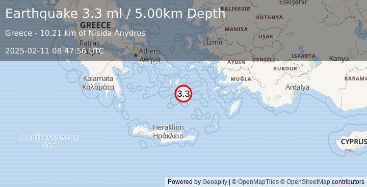 Earthquake DODECANESE ISLANDS, GREECE (3.3 ml) (2025-02-11 08:47:56 UTC)