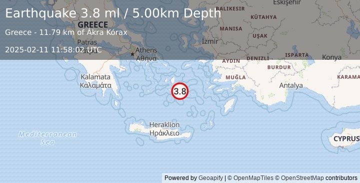 Earthquake DODECANESE ISLANDS, GREECE (3.8 ml) (2025-02-11 11:58:02 UTC)