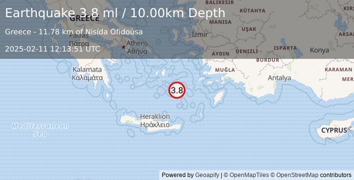 Earthquake DODECANESE ISLANDS, GREECE (3.8 ml) (2025-02-11 12:13:51 UTC)