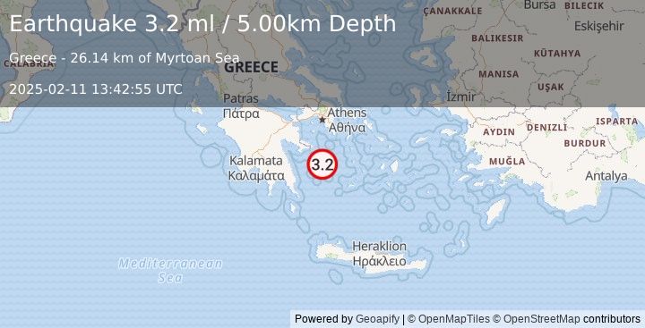 Earthquake SOUTHERN GREECE (3.2 ml) (2025-02-11 13:42:55 UTC)