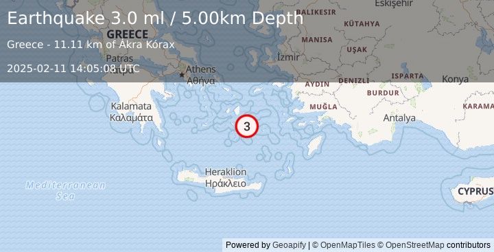 Earthquake DODECANESE ISLANDS, GREECE (3.0 ml) (2025-02-11 14:05:08 UTC)