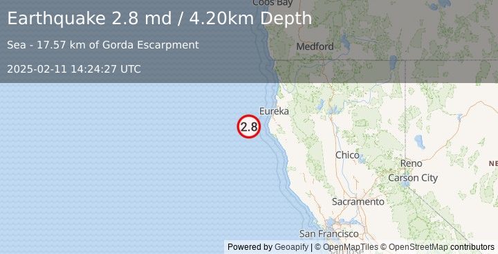 Earthquake OFFSHORE NORTHERN CALIFORNIA (2.8 md) (2025-02-11 14:24:27 UTC)