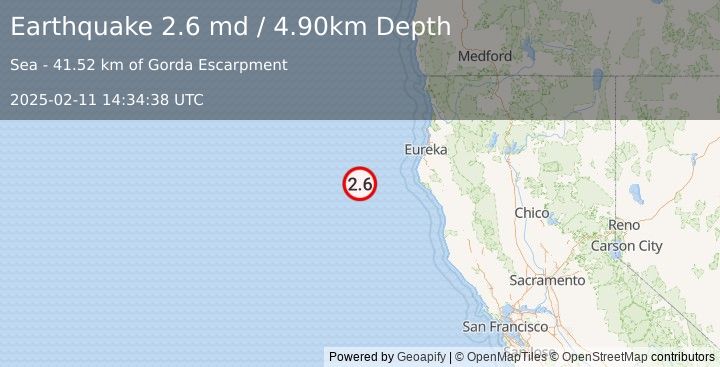 Earthquake OFFSHORE NORTHERN CALIFORNIA (2.6 md) (2025-02-11 14:34:38 UTC)