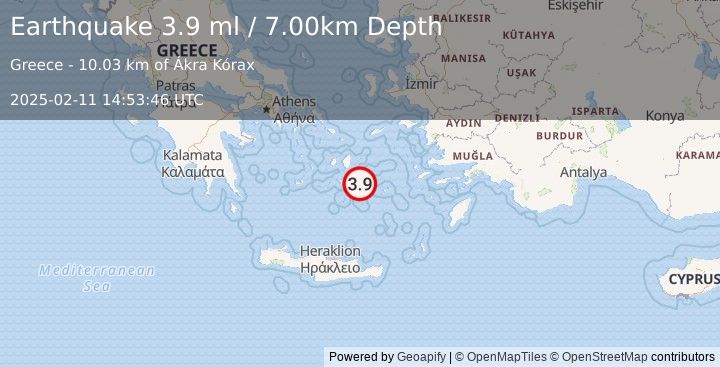 Earthquake DODECANESE ISLANDS, GREECE (3.9 ml) (2025-02-11 14:53:46 UTC)