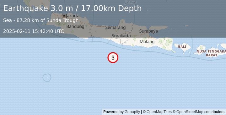 Earthquake SOUTH OF JAVA, INDONESIA (3.0 m) (2025-02-11 15:42:40 UTC)