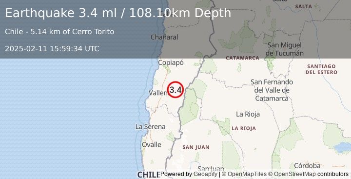 Earthquake ATACAMA, CHILE (3.4 ml) (2025-02-11 15:59:34 UTC)