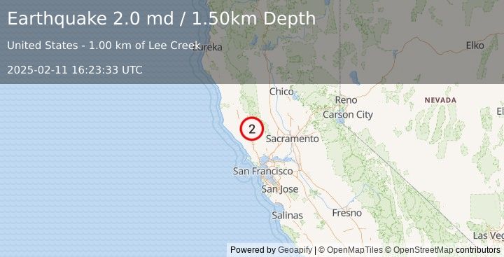 Earthquake NORTHERN CALIFORNIA (2.0 md) (2025-02-11 16:23:33 UTC)