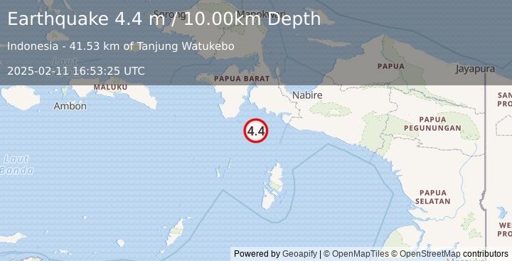 Earthquake NEAR S COAST OF PAPUA, INDONESIA (4.4 m) (2025-02-11 16:53:25 UTC)