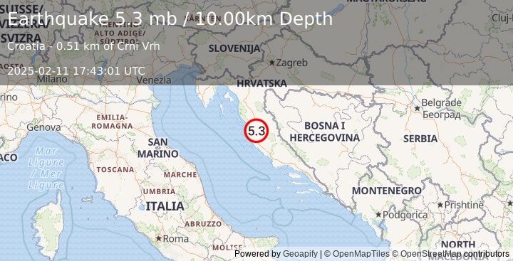 Earthquake CROATIA (5.3 mb) (2025-02-11 17:43:01 UTC)