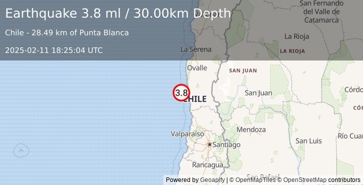 Earthquake OFFSHORE COQUIMBO, CHILE (3.7 ml) (2025-02-11 18:25:03 UTC)