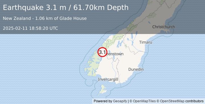 Earthquake SOUTH ISLAND OF NEW ZEALAND (3.1 m) (2025-02-11 18:58:20 UTC)