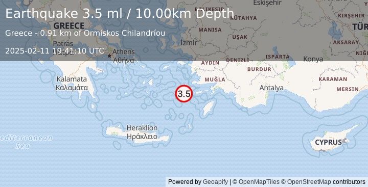 Earthquake DODECANESE ISLANDS, GREECE (3.5 ml) (2025-02-11 19:41:10 UTC)