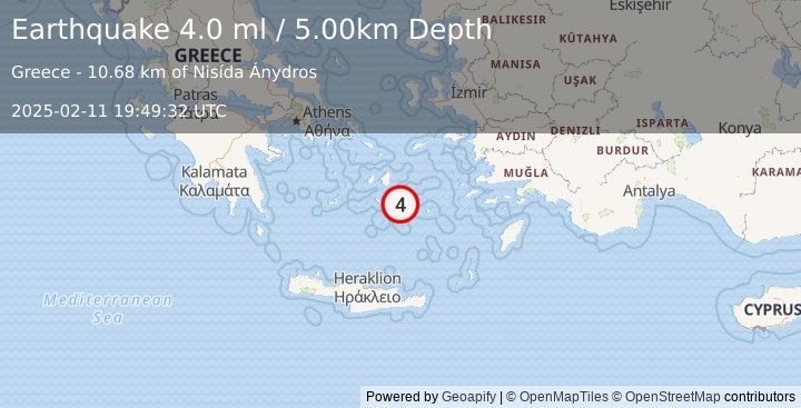 Earthquake DODECANESE ISLANDS, GREECE (4.0 ml) (2025-02-11 19:49:32 UTC)