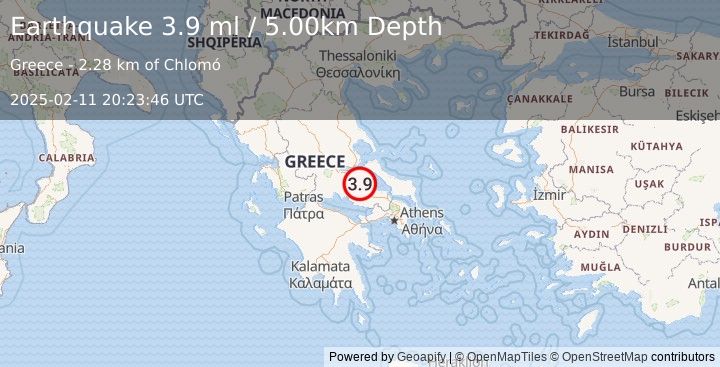 Earthquake GREECE (3.9 ml) (2025-02-11 20:23:46 UTC)