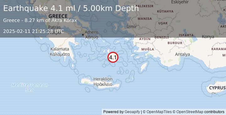 Earthquake DODECANESE ISLANDS, GREECE (4.1 ml) (2025-02-11 21:25:28 UTC)