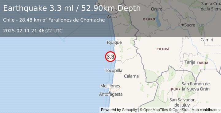 Earthquake OFFSHORE ANTOFAGASTA, CHILE (3.3 ml) (2025-02-11 21:46:22 UTC)