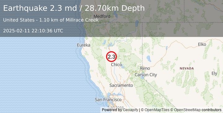 Earthquake NORTHERN CALIFORNIA (2.3 md) (2025-02-11 22:10:36 UTC)