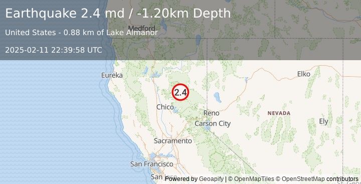 Earthquake NORTHERN CALIFORNIA (2.4 md) (2025-02-11 22:39:58 UTC)