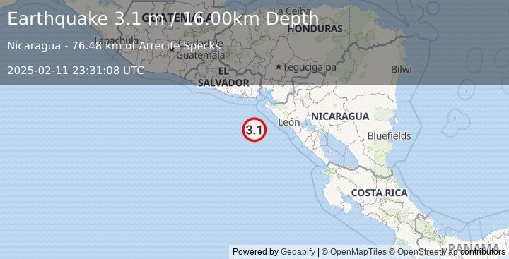 Earthquake NEAR COAST OF NICARAGUA (3.1 m) (2025-02-11 23:31:08 UTC)