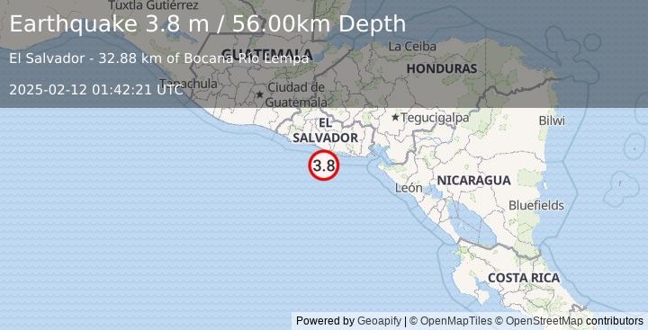 Earthquake OFFSHORE EL SALVADOR (3.8 m) (2025-02-12 01:42:21 UTC)