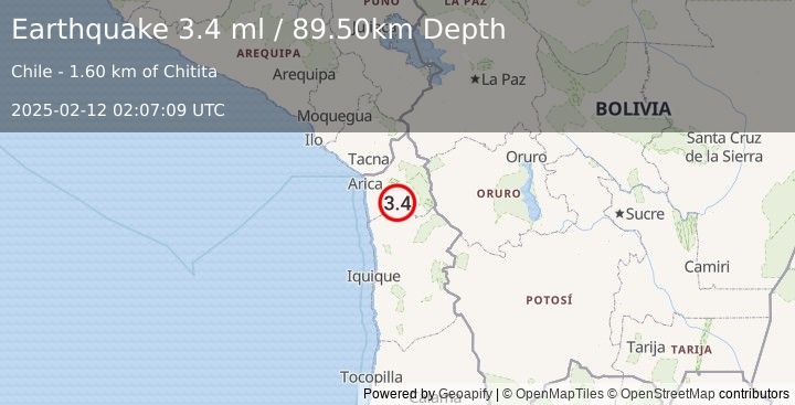 Earthquake TARAPACA, CHILE (3.4 ml) (2025-02-12 02:07:09 UTC)