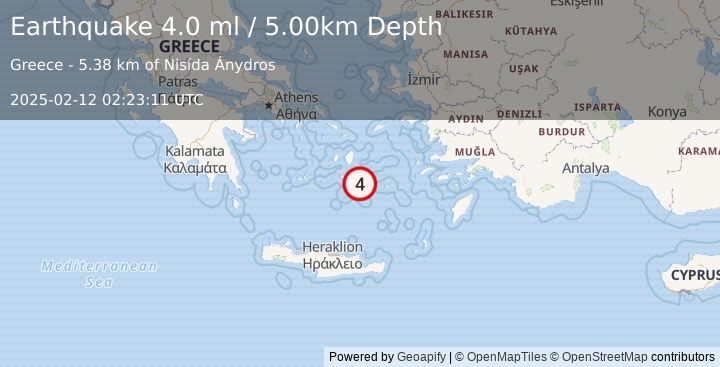 Earthquake DODECANESE ISLANDS, GREECE (4.0 ml) (2025-02-12 02:23:11 UTC)