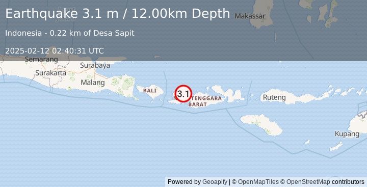 Earthquake LOMBOK REGION, INDONESIA (3.1 m) (2025-02-12 02:40:31 UTC)