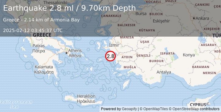 Earthquake DODECANESE ISLANDS, GREECE (2.8 ml) (2025-02-12 03:45:38 UTC)