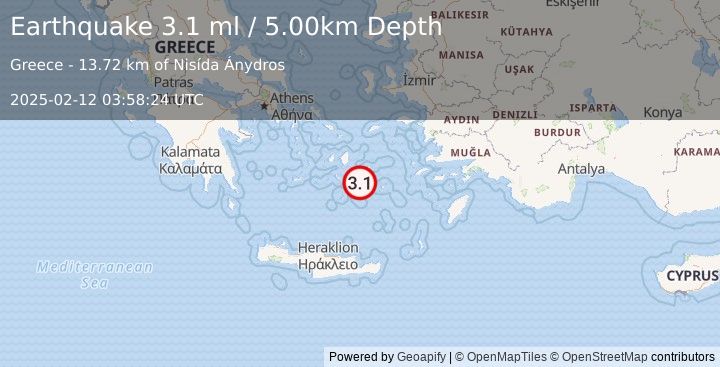 Earthquake DODECANESE ISLANDS, GREECE (3.1 ml) (2025-02-12 03:58:24 UTC)