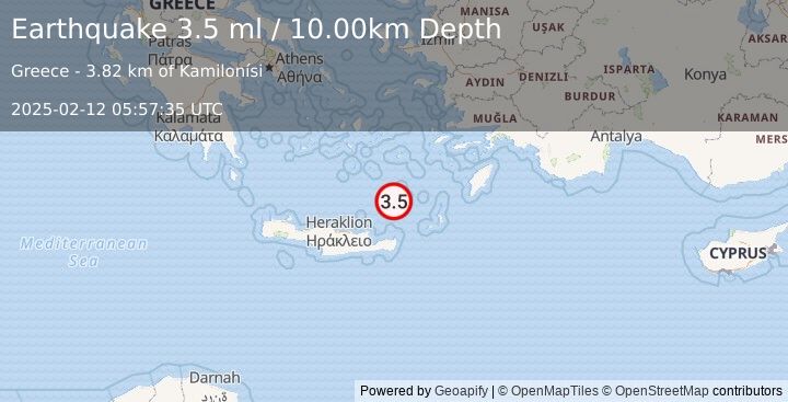 Earthquake CRETE, GREECE (3.5 ml) (2025-02-12 05:57:35 UTC)