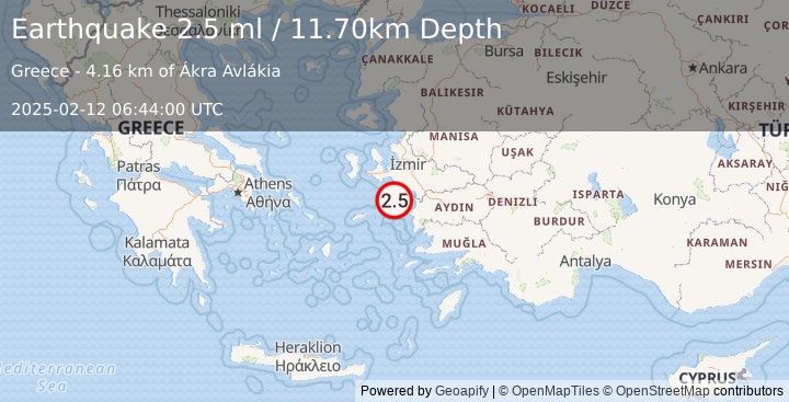 Earthquake DODECANESE ISLANDS, GREECE (2.5 ml) (2025-02-12 06:44:00 UTC)