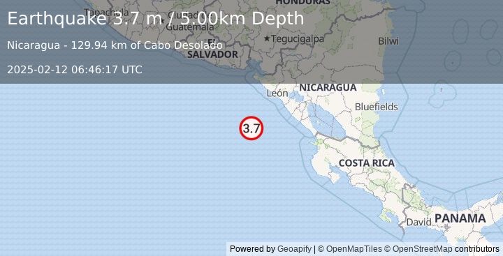 Earthquake NEAR COAST OF NICARAGUA (3.7 m) (2025-02-12 06:46:17 UTC)