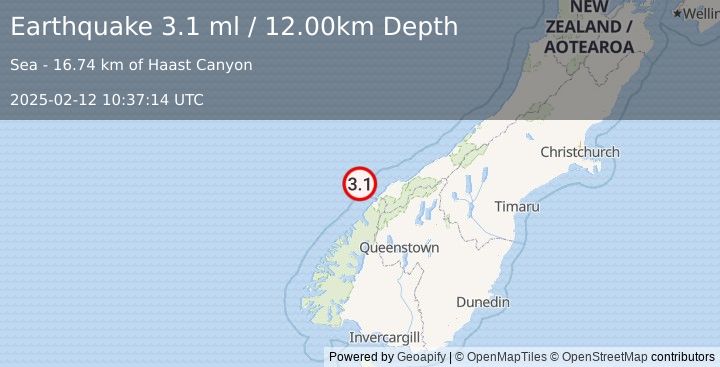 Earthquake SOUTH ISLAND OF NEW ZEALAND (3.1 ml) (2025-02-12 10:37:14 UTC)