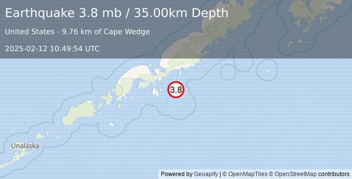 Earthquake ALASKA PENINSULA (3.8 mb) (2025-02-12 10:49:54 UTC)