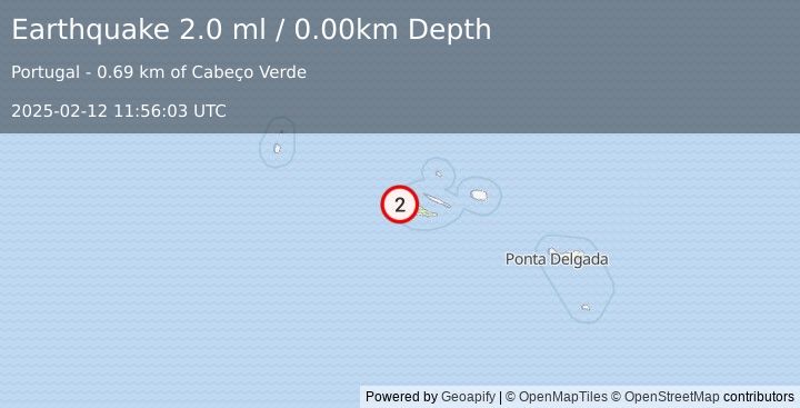 Earthquake AZORES ISLANDS, PORTUGAL (2.0 ml) (2025-02-12 11:56:03 UTC)