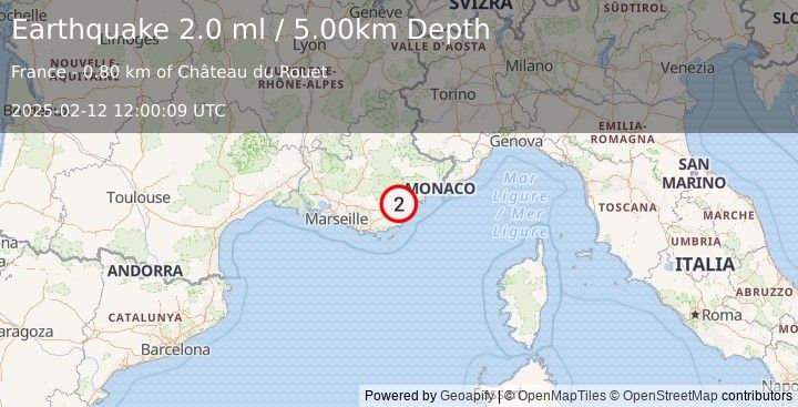 Earthquake NEAR SOUTH COAST OF FRANCE (2.0 ml) (2025-02-12 12:00:09 UTC)