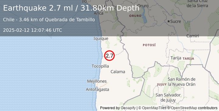 Earthquake TARAPACA, CHILE (2.7 ml) (2025-02-12 12:07:46 UTC)