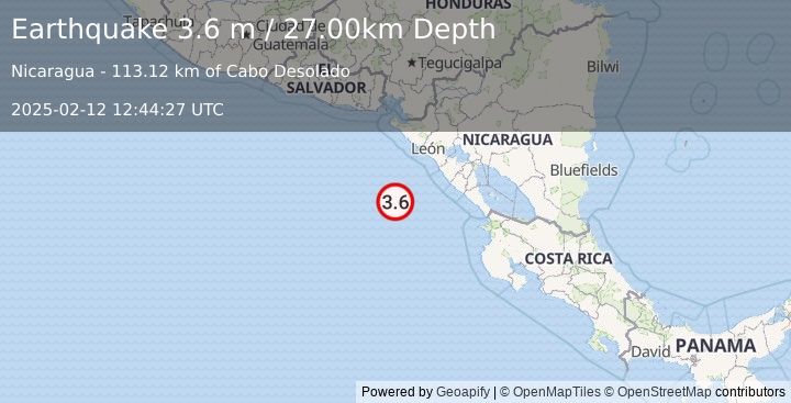 Earthquake NEAR COAST OF NICARAGUA (3.6 m) (2025-02-12 12:44:27 UTC)