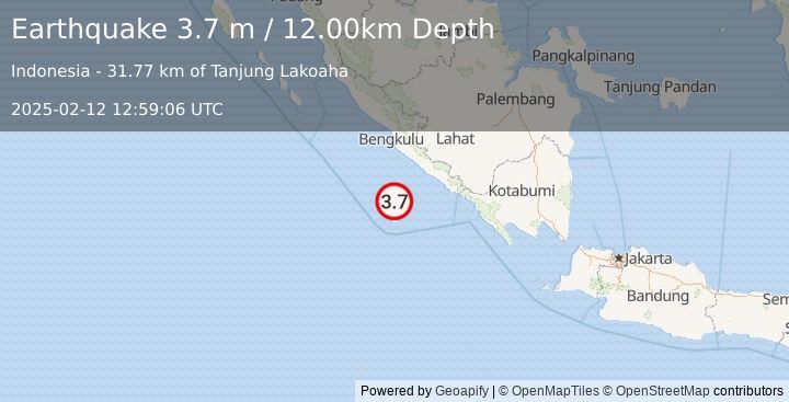 Earthquake SOUTHERN SUMATRA, INDONESIA (3.7 m) (2025-02-12 12:59:06 UTC)