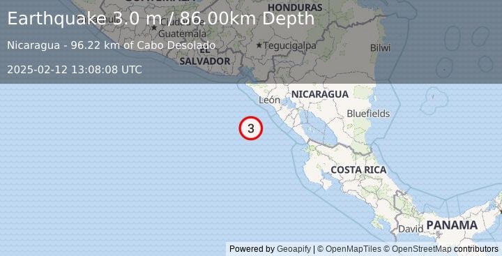 Earthquake NEAR COAST OF NICARAGUA (3.0 m) (2025-02-12 13:08:08 UTC)