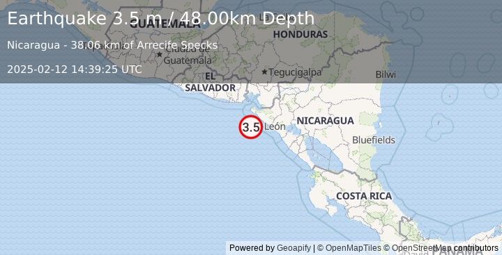 Earthquake NEAR COAST OF NICARAGUA (3.5 m) (2025-02-12 14:39:25 UTC)