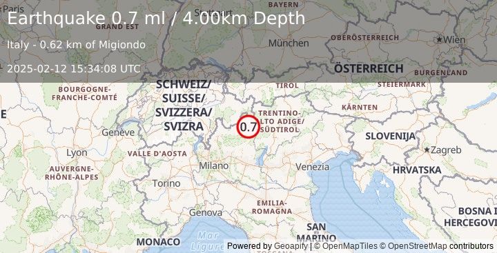 Earthquake NORTHERN ITALY (0.7 ml) (2025-02-12 15:34:08 UTC)