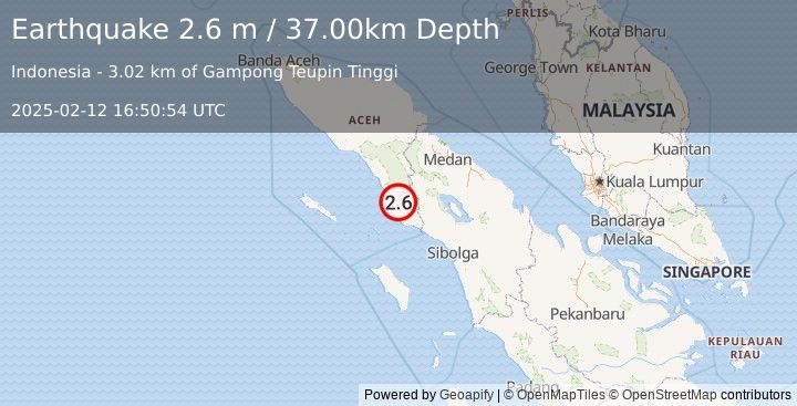 Earthquake NORTHERN SUMATRA, INDONESIA (2.6 m) (2025-02-12 16:50:54 UTC)