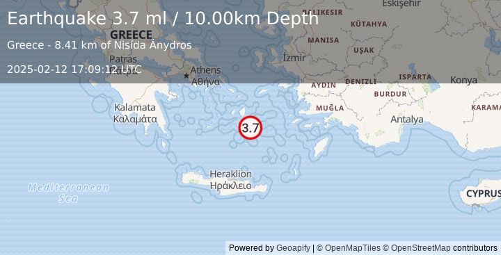 Earthquake DODECANESE ISLANDS, GREECE (3.4 ml) (2025-02-12 17:09:11 UTC)