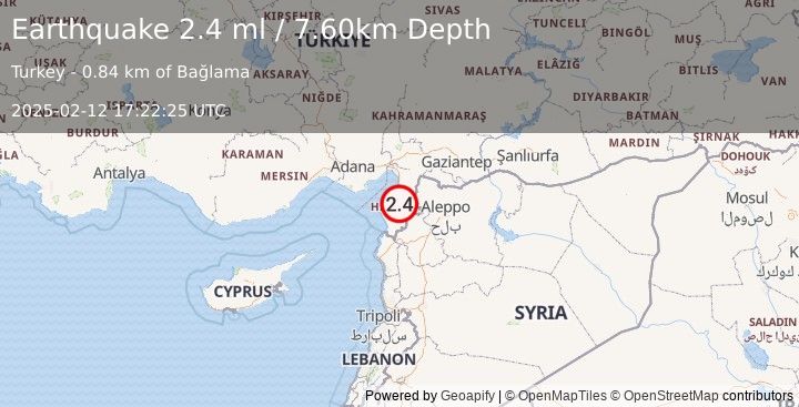 Earthquake TURKEY-SYRIA BORDER REGION (2.4 ml) (2025-02-12 17:22:25 UTC)