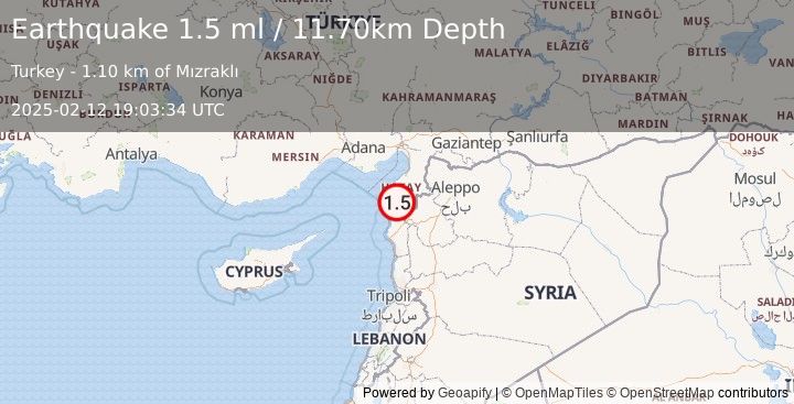 Earthquake CENTRAL TURKEY (1.5 ml) (2025-02-12 19:03:34 UTC)