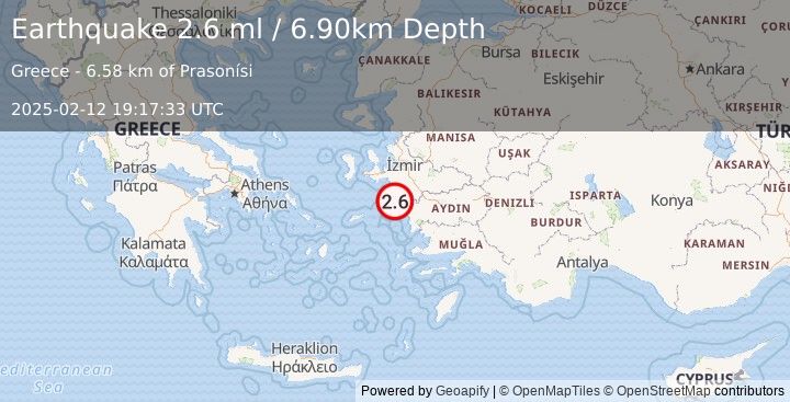 Earthquake DODECANESE ISLANDS, GREECE (2.6 ml) (2025-02-12 19:17:33 UTC)