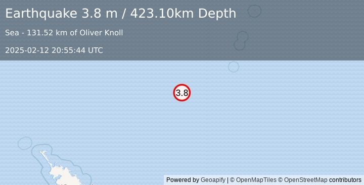 Earthquake SOUTH OF KERMADEC ISLANDS (3.8 m) (2025-02-12 20:55:44 UTC)